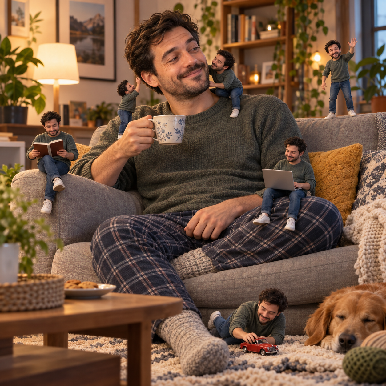 Un homme sur son canapé entouré de versions miniatures de lui-même, généré avec Klapix